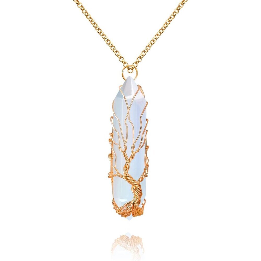 Healing Crystal Necklace Tree of Life Wire Wrapped Natural Stone Point Pendant N